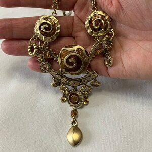 Art Deco-styled Brown/Gold Tone Fashion Costume Necklace & Earring Set